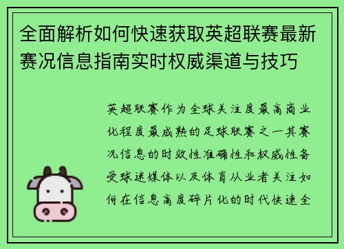 全面解析如何快速获取英超联赛最新赛况信息指南实时权威渠道与技巧