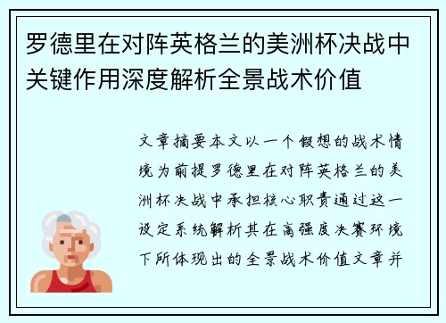 罗德里在对阵英格兰的美洲杯决战中关键作用深度解析全景战术价值